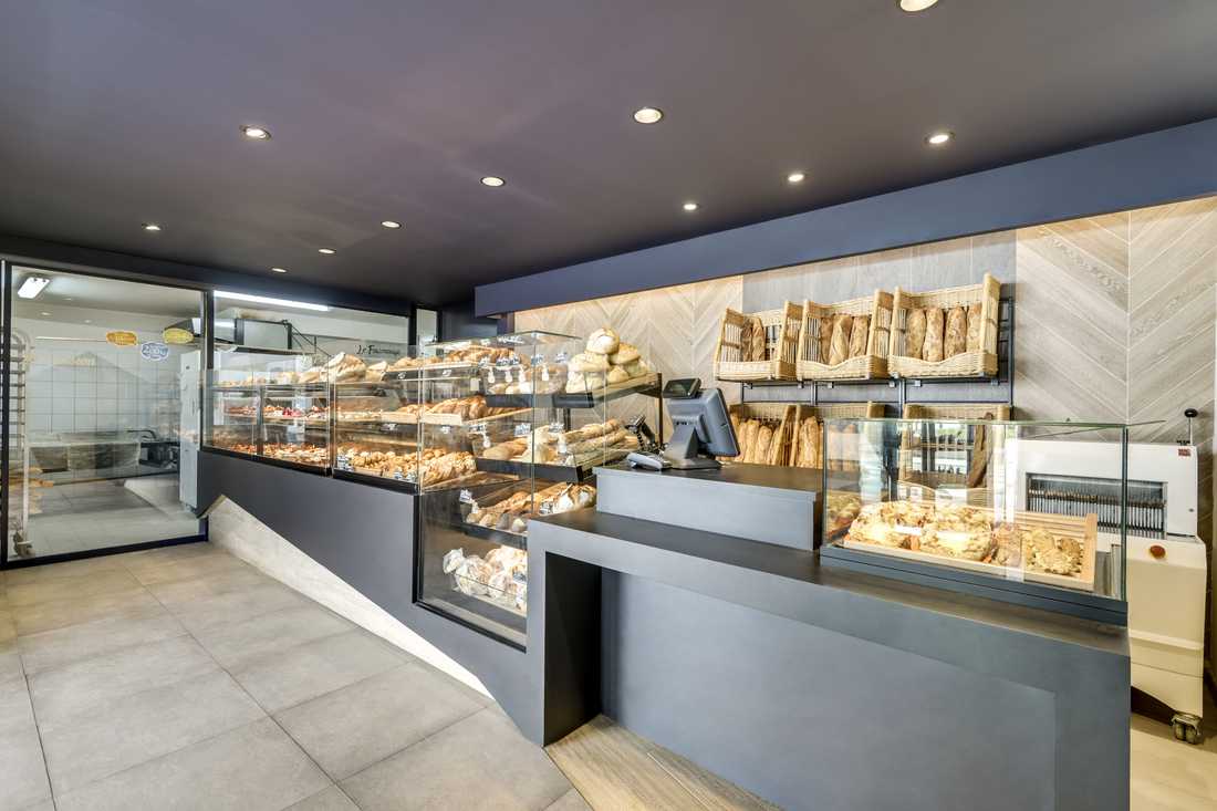 Présentoire d'une boulangerie réalisé sur mesure par un architecte d'intérieur à Lille